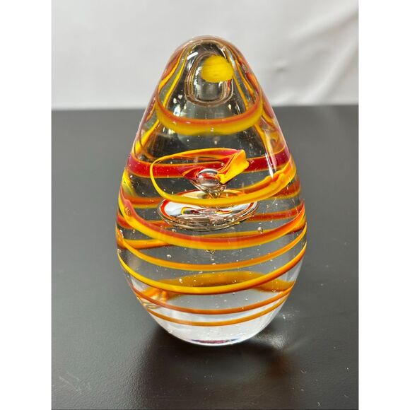 Vintage Hand Blown Art Glass Egg-Shaped Paper Weight Yellow Orange and Red Swirl - Picture 5 of 5